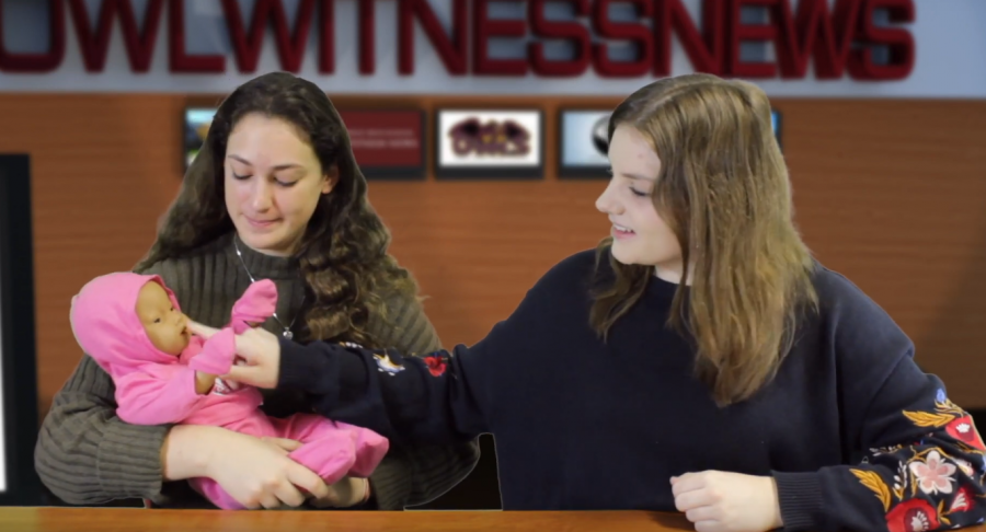 Baby Chandler is featured at the Owlwitness News desk. 